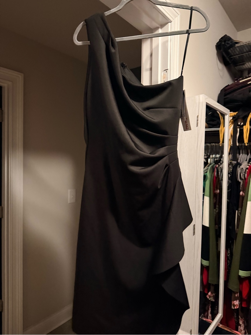 Xscape One-Shoulder Black Draped Cocktail Dress